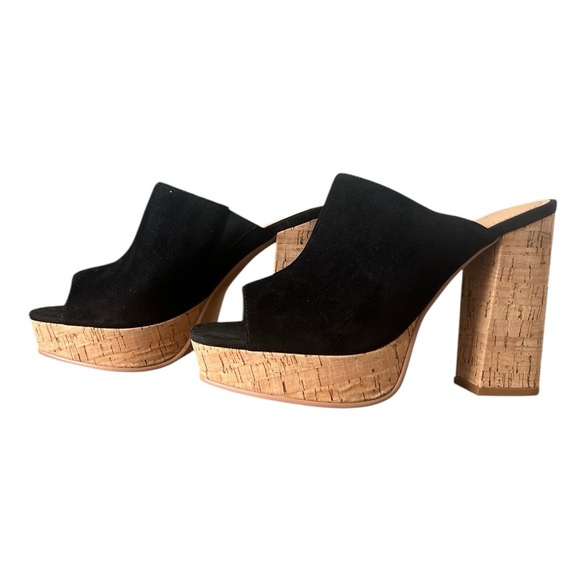 Black and Tan Platform Cork Heel Shoes - Picture 2 of 9